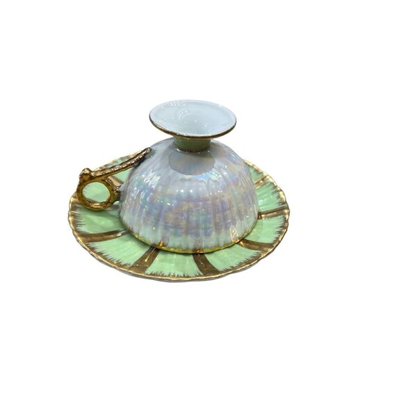 Vintage Royal Sealy Teacup & Saucer Mint Green Gold Iridescent Roses Japan Rare - Picture 2 of 16